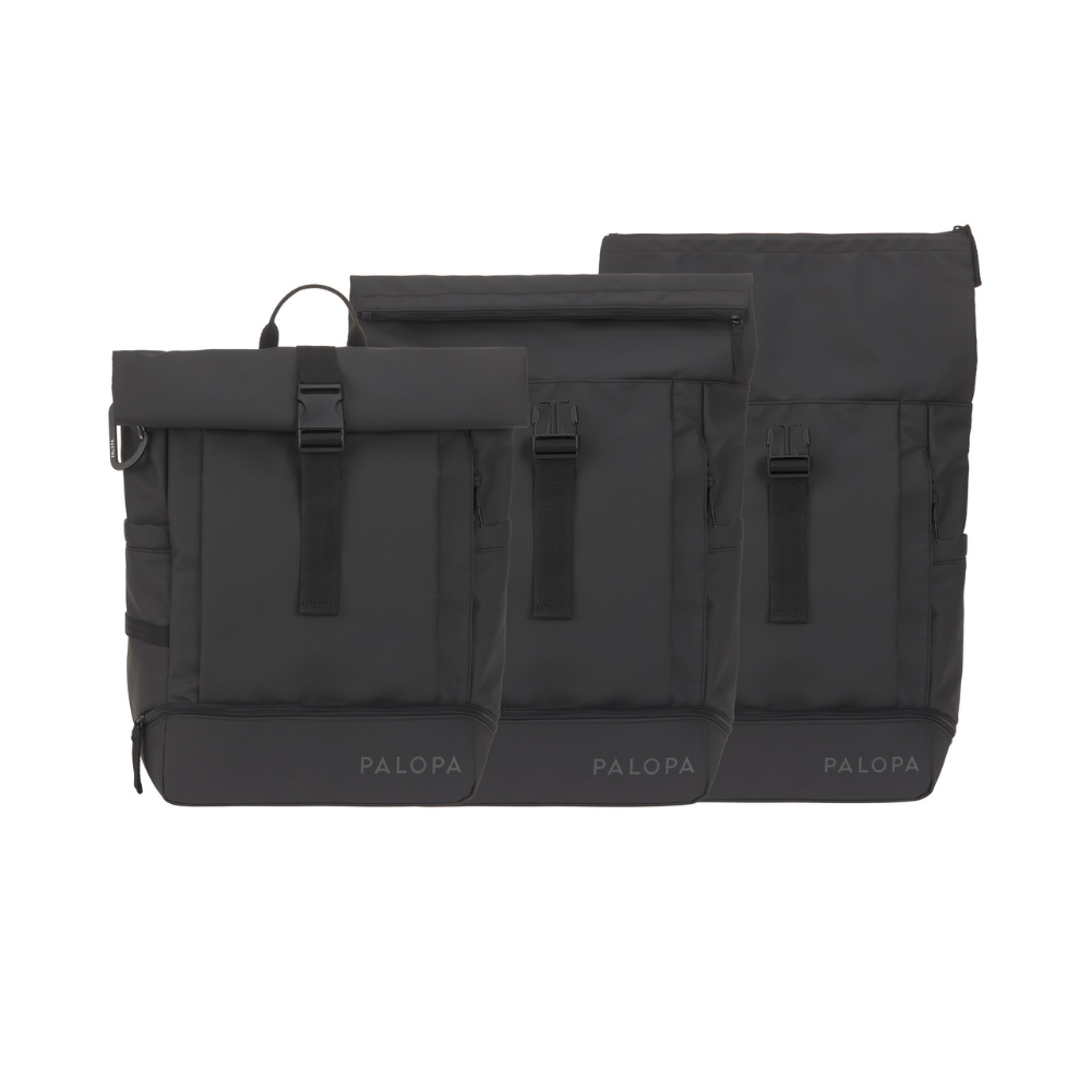 PALOPA Rolltop Backpack Rucksack YOSKA Black geschlossen bis geöffnet