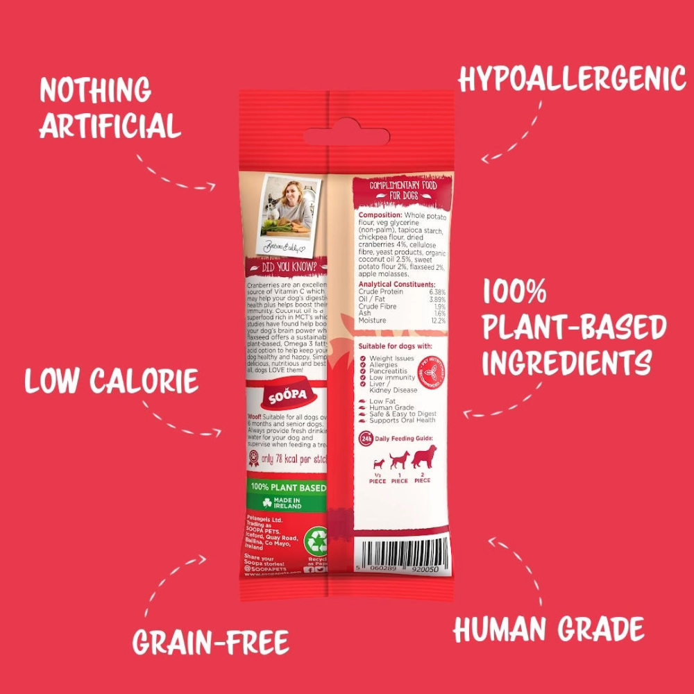 Rückseite Hundeleckerli Preiselbeeren & Süßkartoffeln Dental Sticks - Soopa