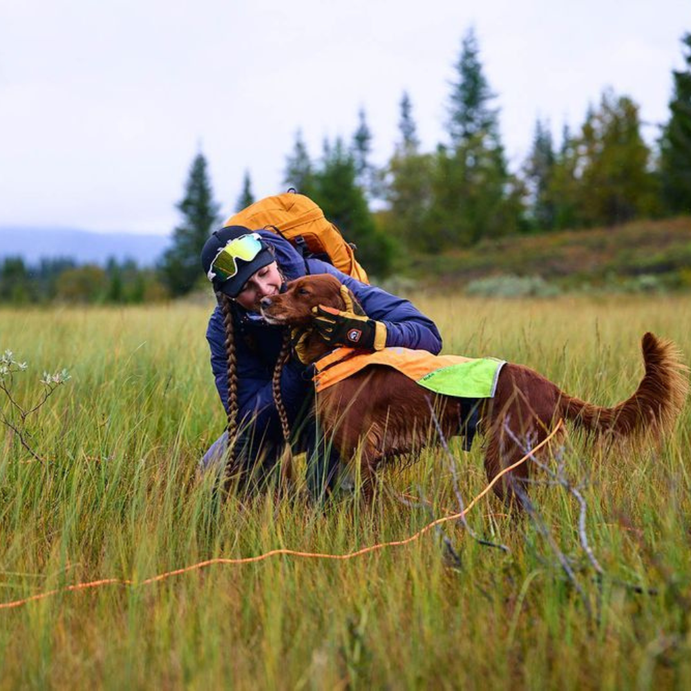 Tragebild im Wald Leine PROTECTOR Round Long Line orange - non-stop dogwear®