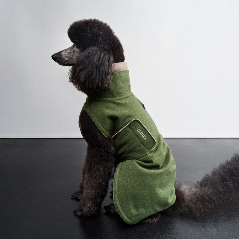 Tragebild Hund mit Cloud7 Hundemantel Brooklyn LONG Flanell Fern Green