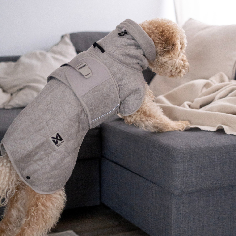 Tragebild Seitenansicht Hundebademantel DRYING COAT Sand - non-stop dogwear