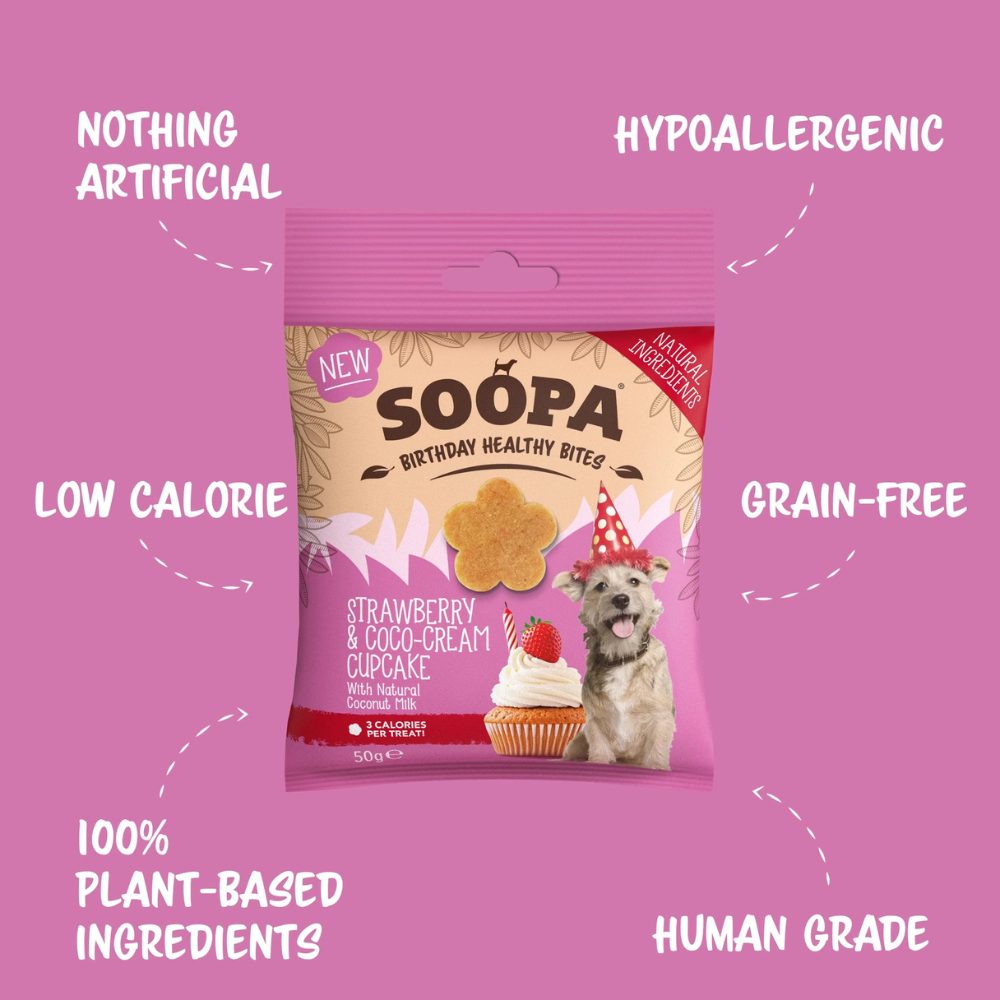 Vorderseite Hundeleckerli Erdbeer- und Kokoscreme-Cupcake Healthy Bites - Soopa