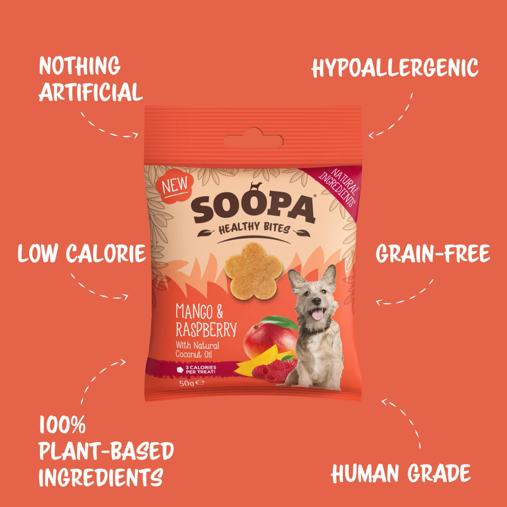 Vorderseite Hundeleckerli Mango & Himbeere Healthy Bites - Soopa