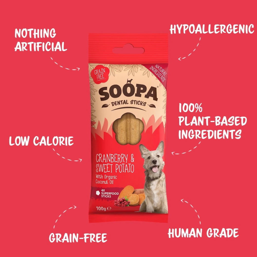 Vorderseite Hundeleckerli Preiselbeeren & Süßkartoffeln Dental Sticks - Soopa