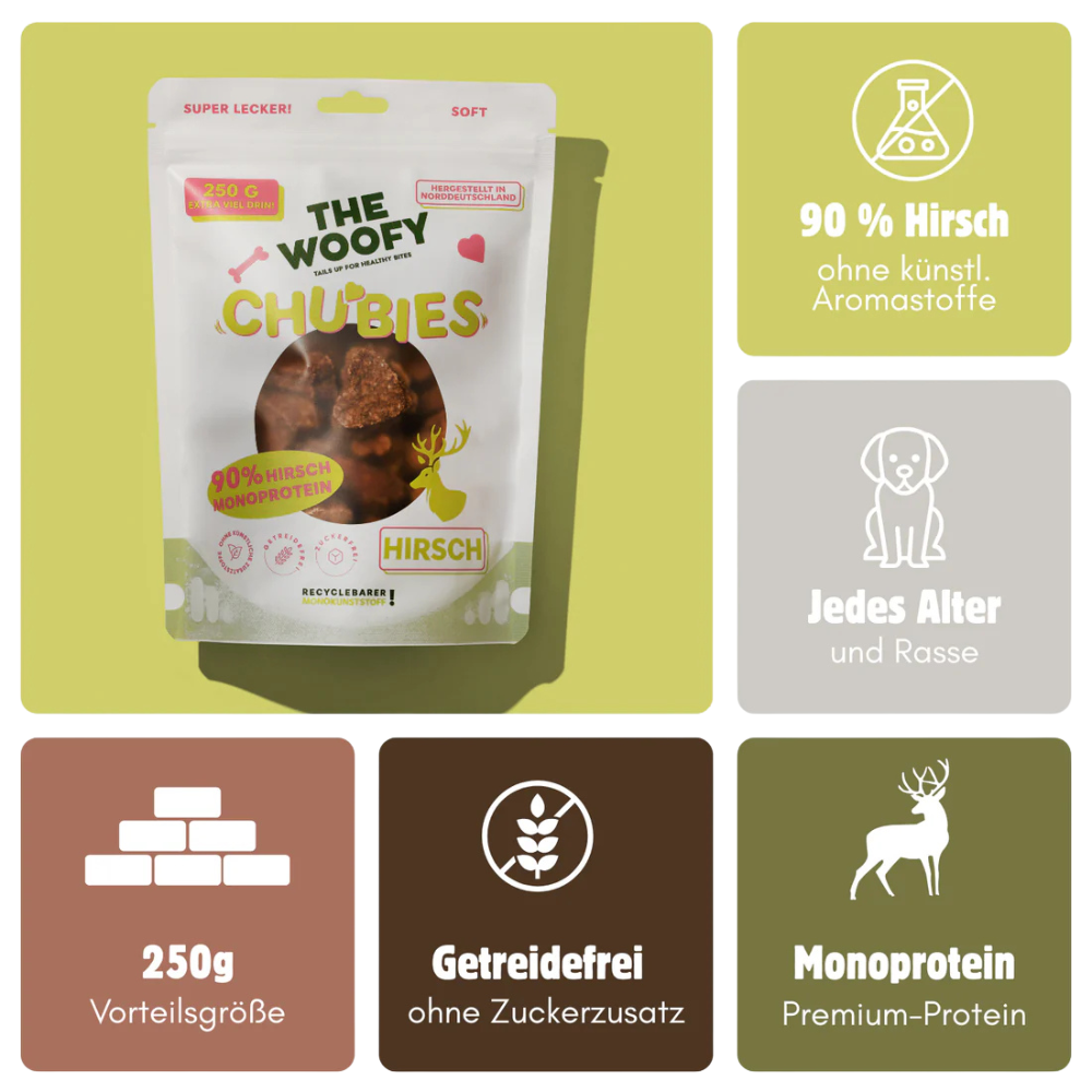 Vorteile Hundesnack Monoprotein Chubies Hirsch - THE WOOFY