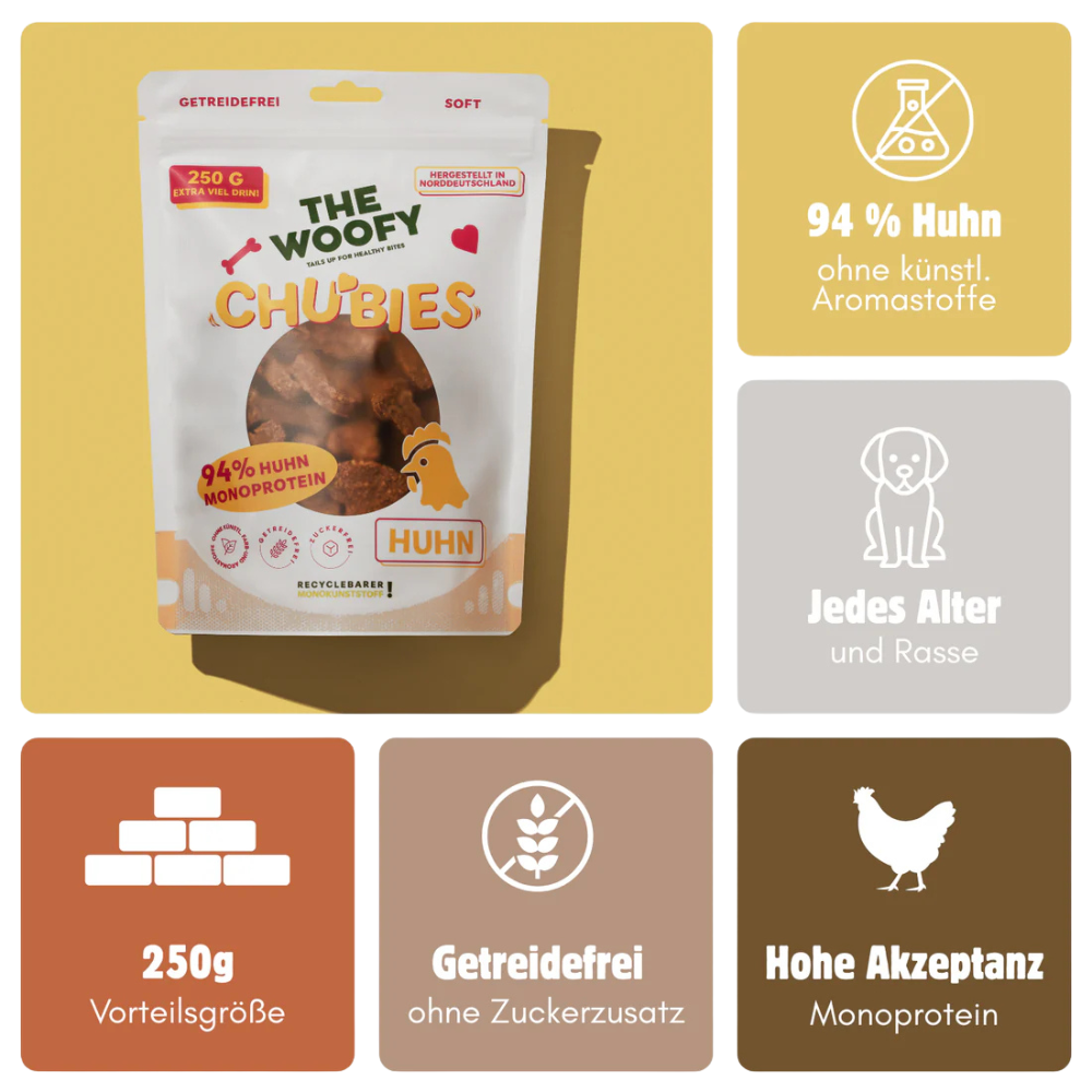 Vorteile Hundesnack Monoprotein Chubies Huhn - THE WOOFY