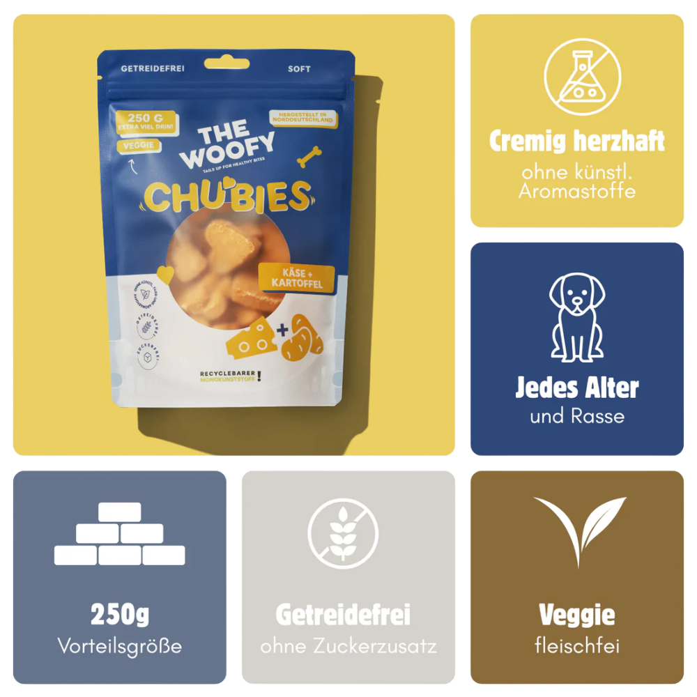 Vorteile Hundesnack Veggie Chubies Käse & Kartoffel - THE WOOFY