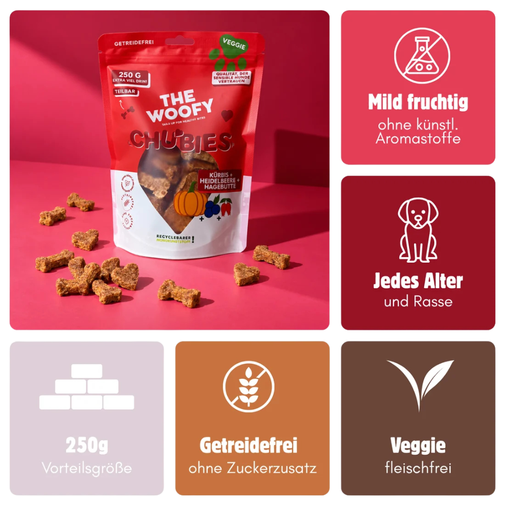 Vorteile Hundesnack Veggie Chubies Kürbis & Heidelbeere - THE WOOFY