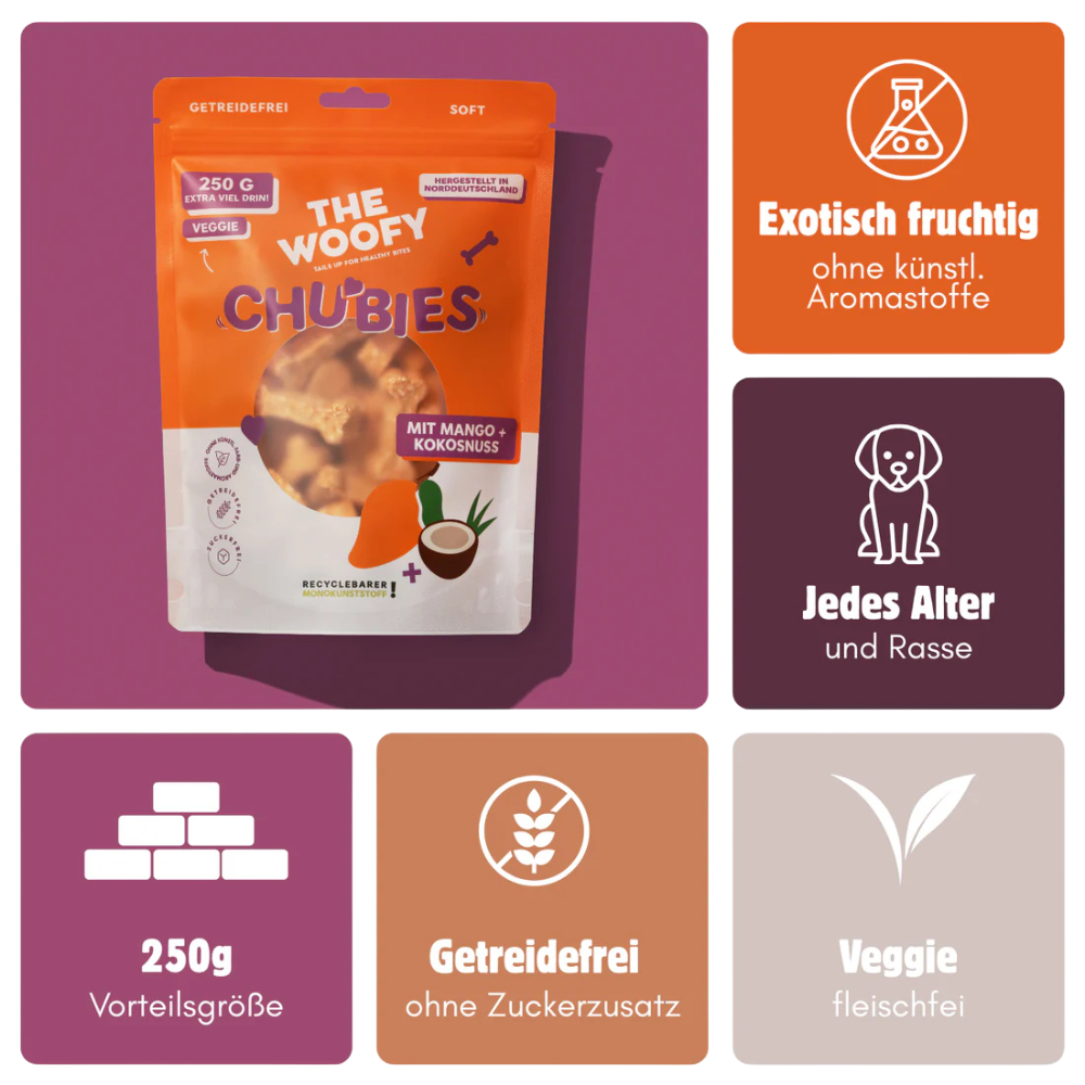 Vorteile Hundesnack Veggie Chubies Mango & Kokosnuss - THE WOOFY