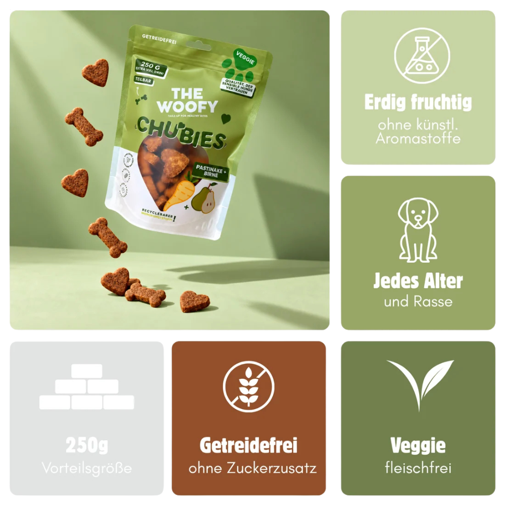 Vorteile Hundesnack Veggie Chubies Pastinake & Birne - THE WOOFY