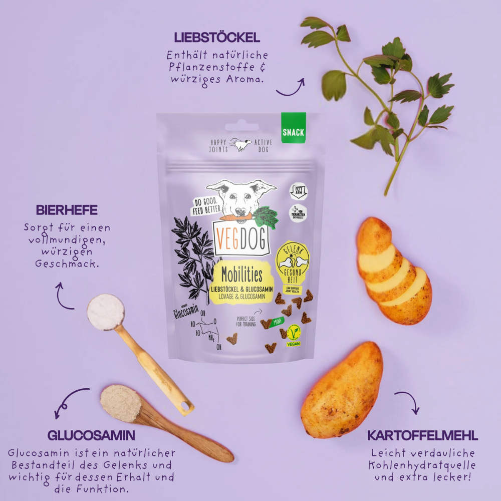 Zutaten VEGDOG MOBILITIES MINIS mit Liebstöckel & Glucosamin