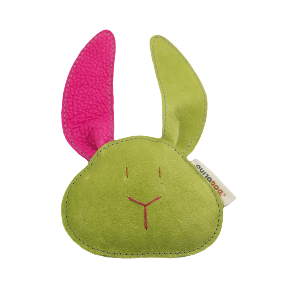 Lederspielzeug Hasenkopf grün mit rosa Ohr - dogolino