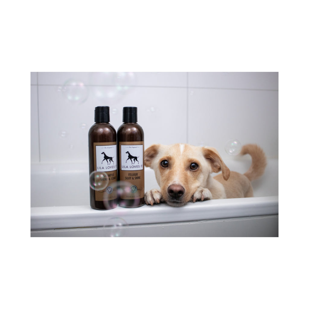 LILA LOVES IT Shampoo Shine & Comb mit Hund in der Badewanne